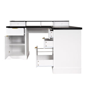 English Elm 59" Fluted Oak L-shaped Corner Desk with Charging Station Monitor Stand and File Storage White W2917S00004