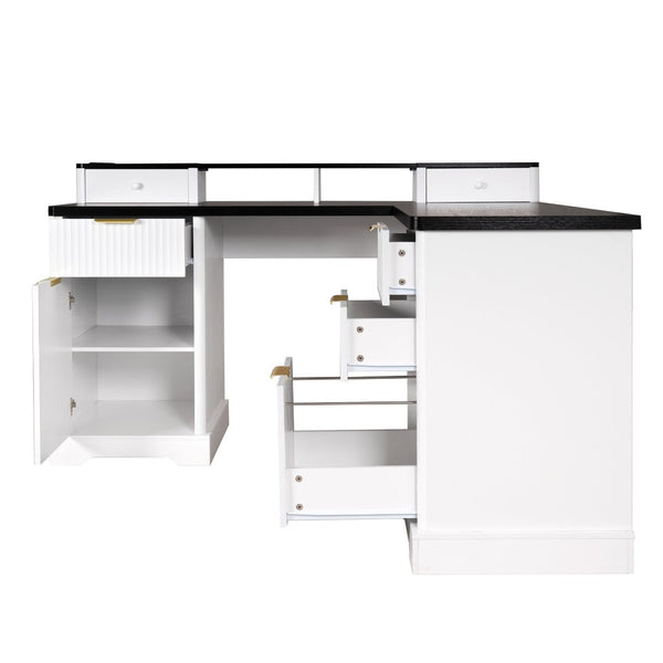 English Elm 59" Fluted Oak L-shaped Corner Desk with Charging Station Monitor Stand and File Storage White W2917S00004