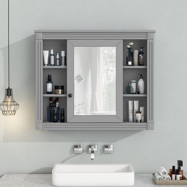 English Elm 35'' Modern Medicine Cabinet with Mirror and Towel Rod, MDF Wall-Mounted Bathroom Storage with Adjustable Shelves and Soft-Close Hinges Grey WF305081AAE