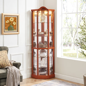 English Elm Lighted Corner Curio Cabinet With Adjustable Glass Shelves And Elegant Oak Finish For Home Or Office W1758P300135