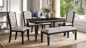 English Elm 6-Piece Kitchen Dining Set with 60" Rectangular Table, Tufted High-Back Chairs & Bench, Durable Wood Black N752S001080B