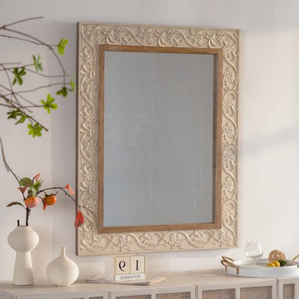 English Elm Vintage Ornate Carved Frame Rectangular Wall Mirror with Antique European Floral Relief W3081P391527