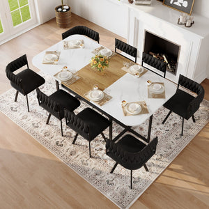 English Elm 9-piece Square Dining Set Velvet Upholstered Chairs Two-tone Tabletop Seats 8 Black,White,Wood W3875S00150
