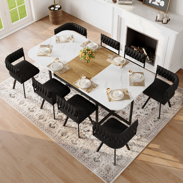 English Elm 9-piece Square Dining Set Velvet Upholstered Chairs Two-tone Tabletop Seats 8 Black,White,Wood W3875S00150
