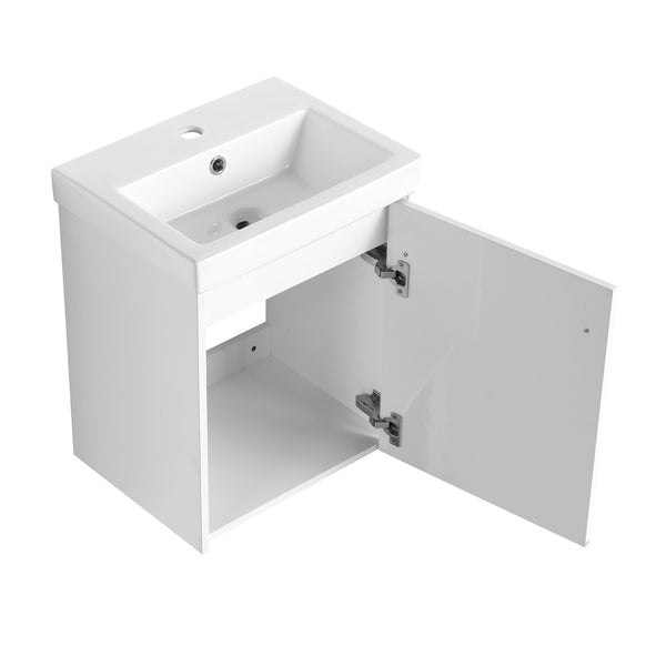 English Elm 18'' Floating Wall-Mounted Bathroom Vanity with Ceramic Sink, Soft-Close Door & Space-Saving Design Glossy White W999P236348