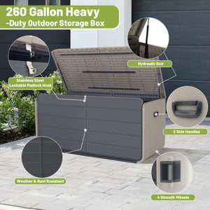 English Elm 260 Gallon Resin Deck Box with Wheels & Lock-Ready Latch, Waterproof, UV-Resistant Outdoor Storage Bench (Gray) W1859P325841