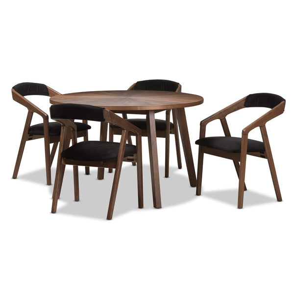 Baxton Studio Baxton Wendy Mid-Century Modern 5-Piece Dining Set: Stylish Round Table & Velvet Chairs in Walnut Walnut Sunburst Dining Set