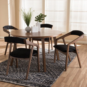 Baxton Studio Baxton Wendy Mid-Century Modern 5-Piece Dining Set: Stylish Round Table & Velvet Chairs in Walnut Walnut Sunburst Dining Set