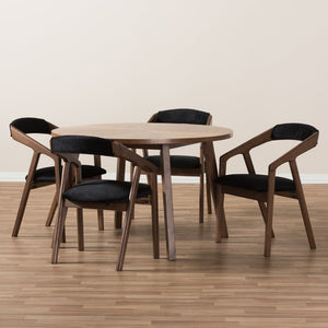 Baxton Studio Baxton Wendy Mid-Century Modern 5-Piece Dining Set: Stylish Round Table & Velvet Chairs in Walnut Walnut Sunburst Dining Set