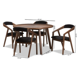 Baxton Studio Baxton Wendy Mid-Century Modern 5-Piece Dining Set: Stylish Round Table & Velvet Chairs in Walnut Walnut Sunburst Dining Set