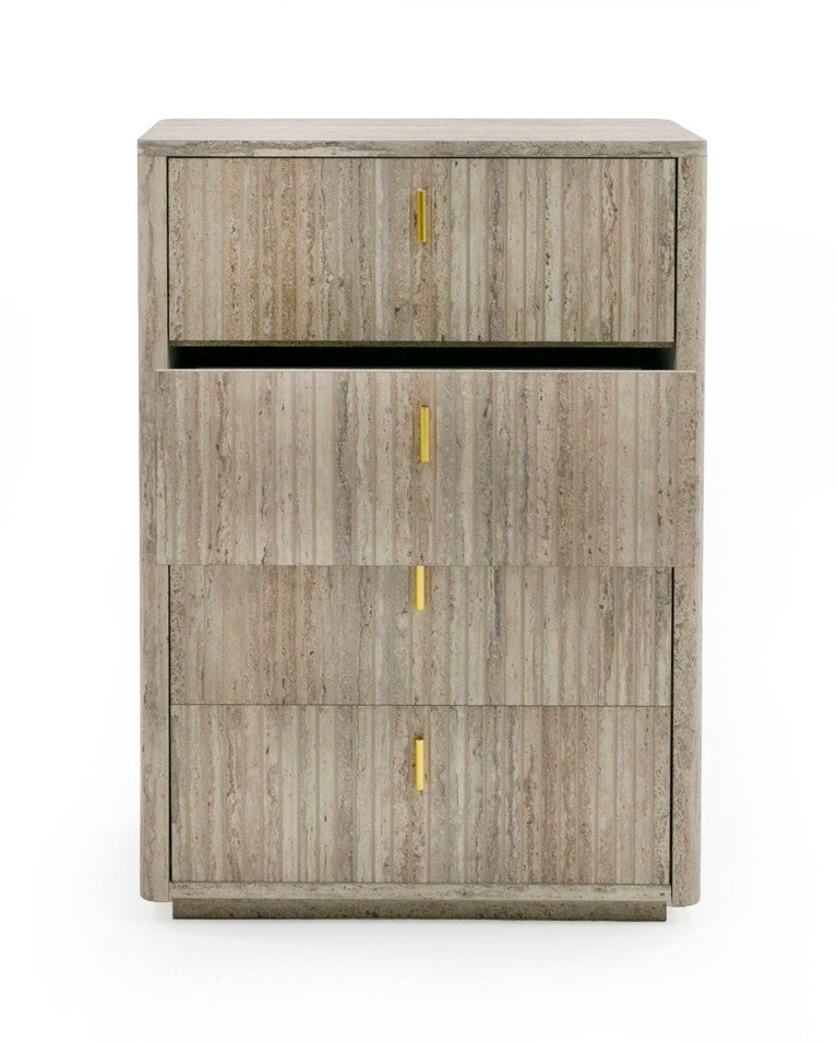 VIG Furniture Roma Faux Travertine Chest With Gold Handles, 4-Drawer Vertical Storage, Soft-Close, 36"W X51"H VGAN-ROMA-CHEST