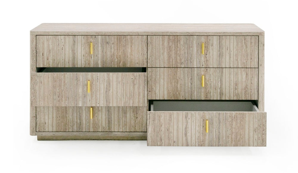 VIG Furniture Roma Faux Travertine Dresser With Gold Handles — 6 Soft-Close Drawers, Spacious, Ready-To-Use (W68") VGAN-ROMA-DRS