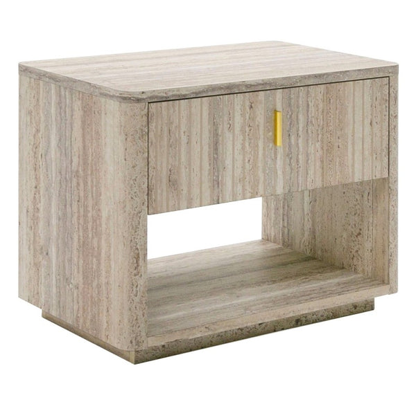 VIG Furniture Roma Faux Travertine Nightstand With Gold Accents, Soft-Close Drawer & Open Shelf, Ready-To-Use (32"W) VGAN-ROMA-NS