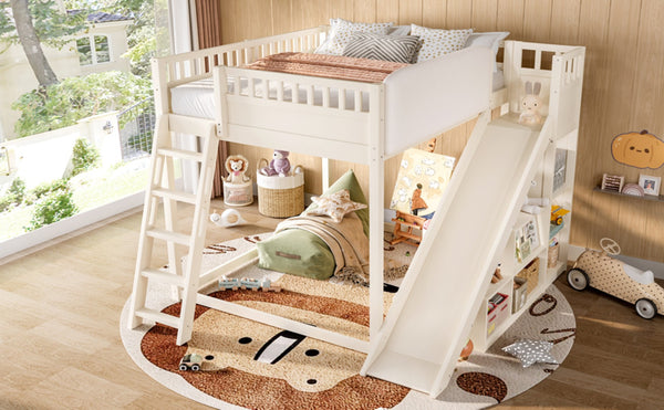 English Elm Full Size Kids Loft Bed Pine Frame Upholstered Headboard Built in Slide and Storage Shelves Beige W1580S00305