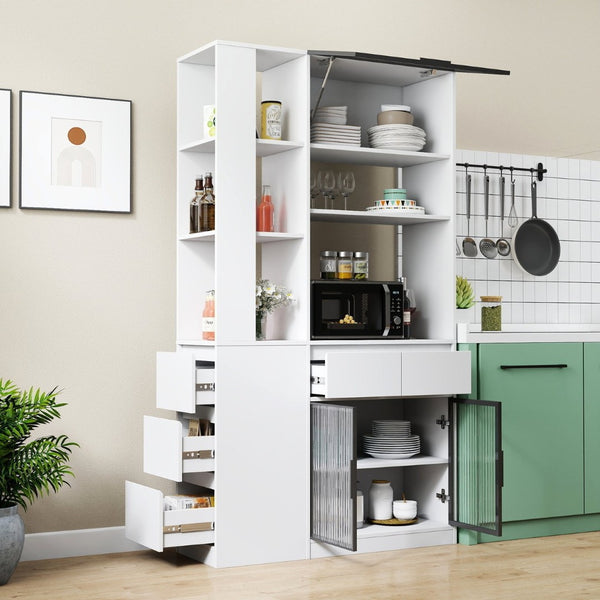 English Elm 70.87"h Tall Storage Cabinet Glass Panel Doors Asymmetric Drawers Modern Hallway Organizer W331S00204