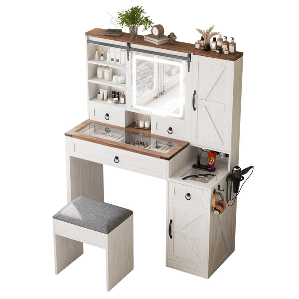 English Elm Farmhouse LED Vanity Desk with Sliding Mirror, Glass Top Storage, Built-In Charging Station & Stool White 37 L x 18.5 W x 13 H N733P340562K