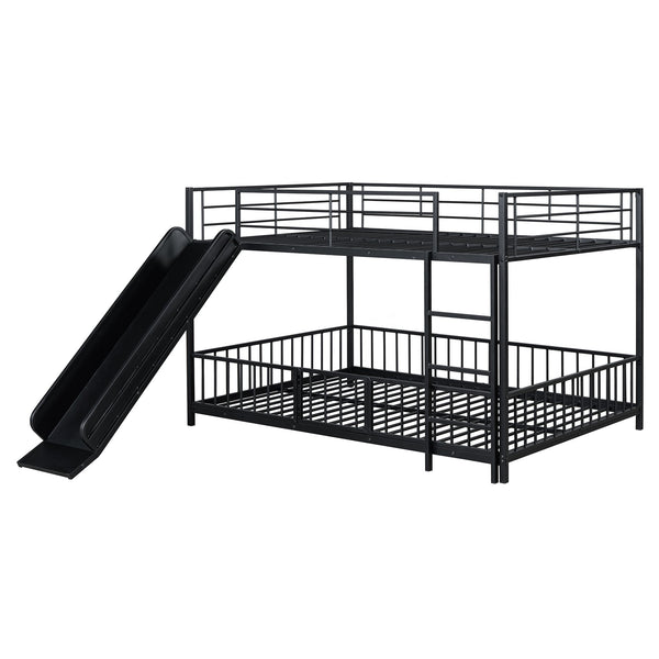 English Elm Full Full over Full Metal Bunk Bed with Slide, Interchangeable Stairs, Gate & Safety Guardrails for Kids Black SF000170AAB
