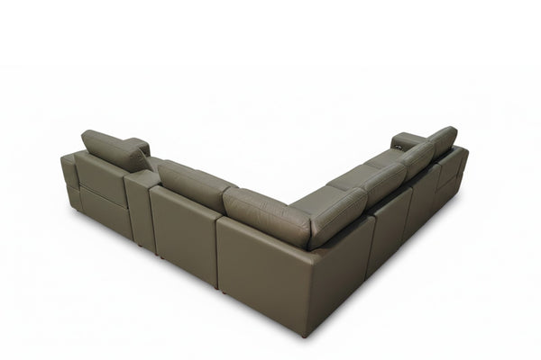 English Elm Premium Leather Match Sectional with Dual Recliners Square Arms and Console Storage Olive Green B2748S00158