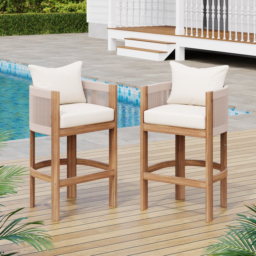 English Elm Christopher Knight Home® - Matera Teak & Beige Barstool Set of 2 – Acacia Wood, Rope Cording, Wraparound Back for Outdoor/Indoor seating N775P255942T