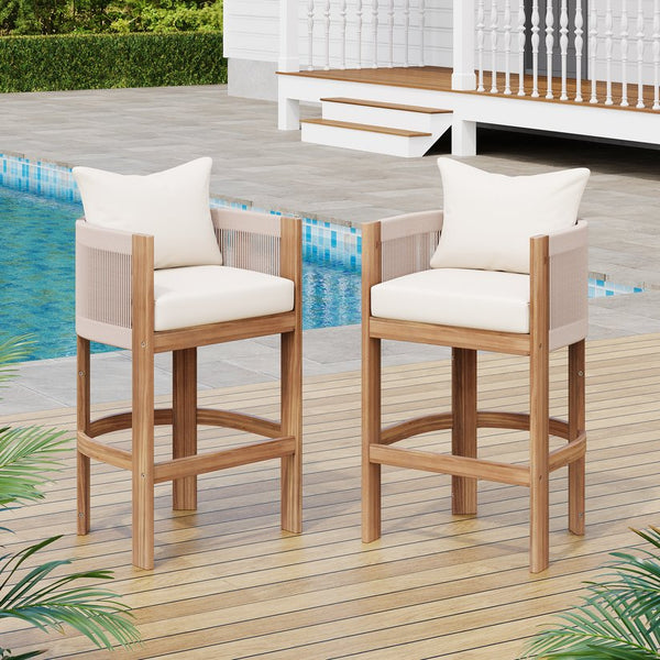 English Elm Christopher Knight Home® - Matera Teak & Beige Barstool Set of 2 – Acacia Wood, Rope Cording, Wraparound Back for Outdoor/Indoor seating N775P255942T