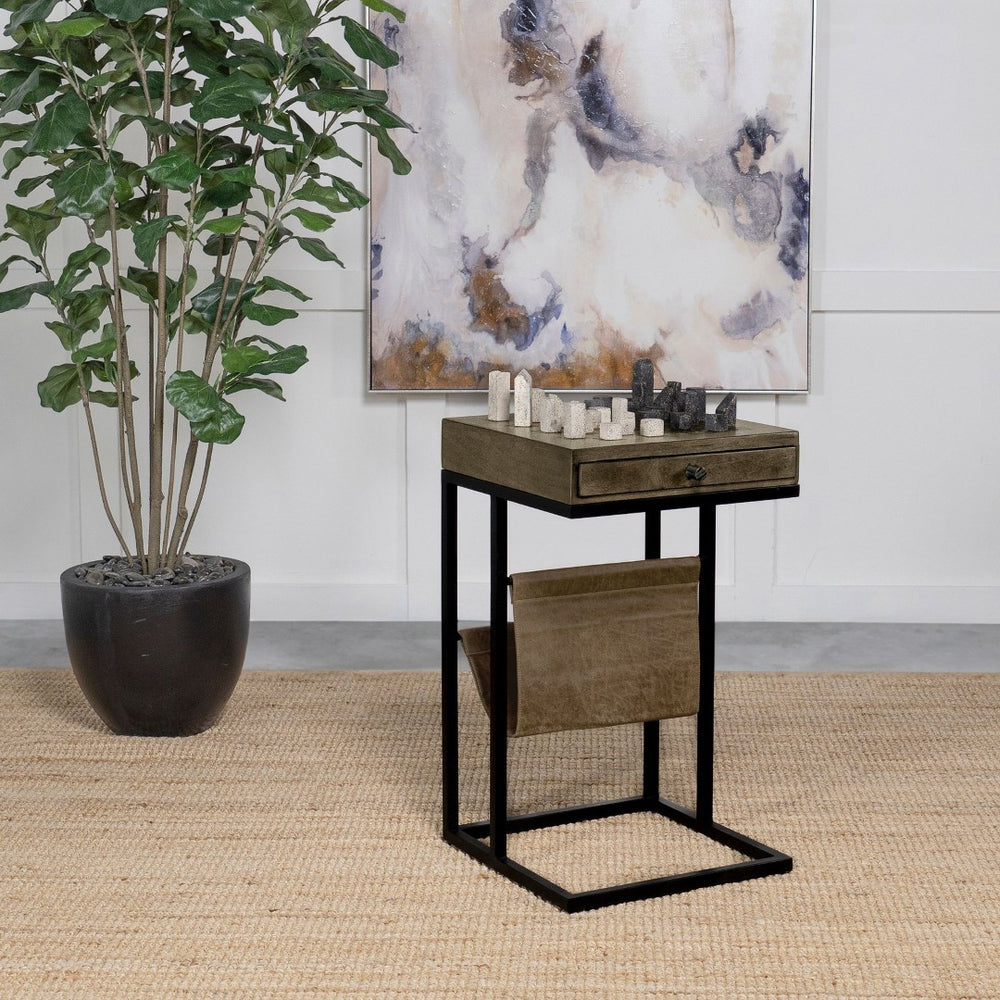 English Elm Checkmate Mango Wood Chess Board Side Table with Iron Frame and Leatherette Storage B062P441031
