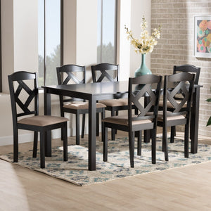 Baxton Studio Baxton Studio 7-Piece Dining Set with Geometric Chairs, Dark Brown Wood & Soft Upholstered Seats Ruth-Sand/Dark Brown-7PC Dining Set