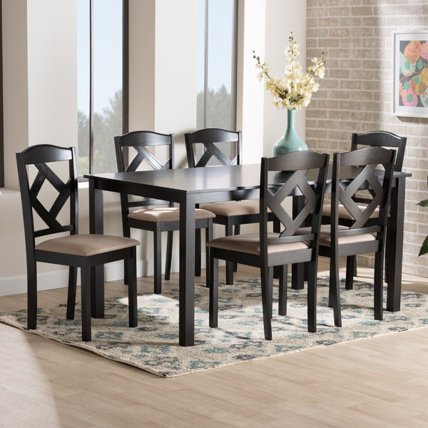 Baxton Studio Baxton Studio 7-Piece Dining Set with Geometric Chairs, Dark Brown Wood & Soft Upholstered Seats Ruth-Sand/Dark Brown-7PC Dining Set