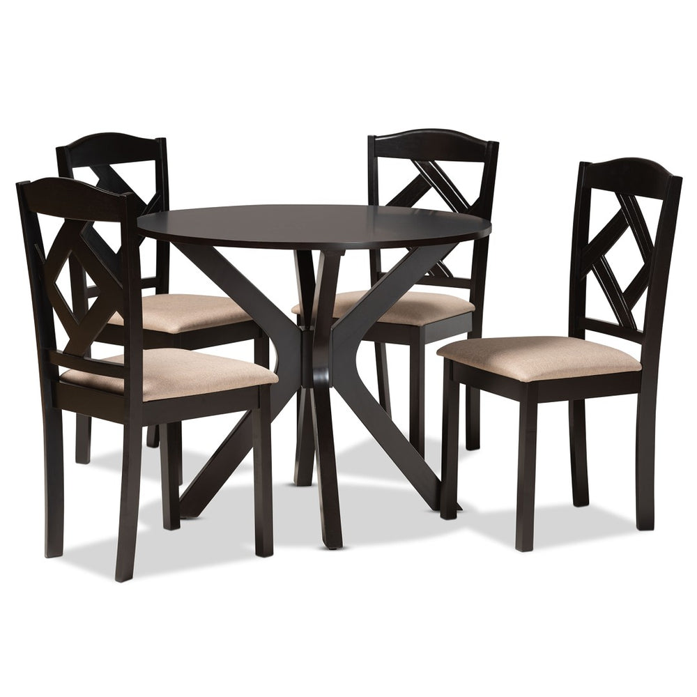 Baxton Studio Baxton Studio Carlin Contemporary Round Dining Set with Upholstered Chairs and Dark Wood Finish 5-PC Carlin-Sand/Dark Brown-5PC Dining Set