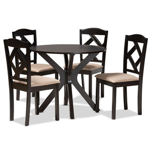 Baxton Studio Baxton Studio Carlin Contemporary Round Dining Set with Upholstered Chairs and Dark Wood Finish 5-PC Carlin-Sand/Dark Brown-5PC Dining Set
