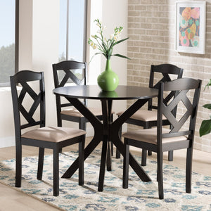 Baxton Studio Baxton Studio Carlin Contemporary Round Dining Set with Upholstered Chairs and Dark Wood Finish 5-PC Carlin-Sand/Dark Brown-5PC Dining Set