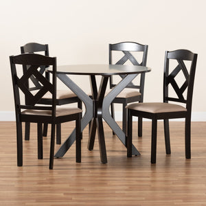 Baxton Studio Baxton Studio Carlin Contemporary Round Dining Set with Upholstered Chairs and Dark Wood Finish 5-PC Carlin-Sand/Dark Brown-5PC Dining Set
