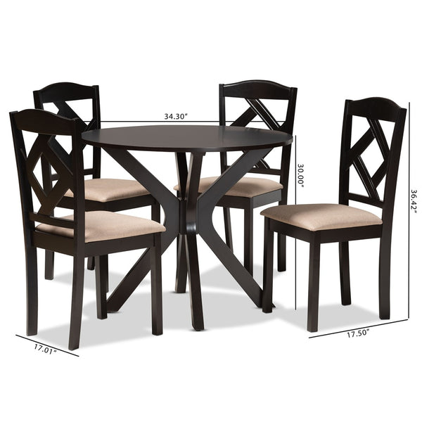 Baxton Studio Baxton Studio Carlin Contemporary Round Dining Set with Upholstered Chairs and Dark Wood Finish 5-PC Carlin-Sand/Dark Brown-5PC Dining Set