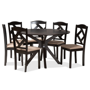 Baxton Studio Baxton Studio Carlin Contemporary Round Dining Set with Upholstered Chairs and Dark Wood Finish 7-PC Carlin-Sand/Dark Brown-7PC Dining Set