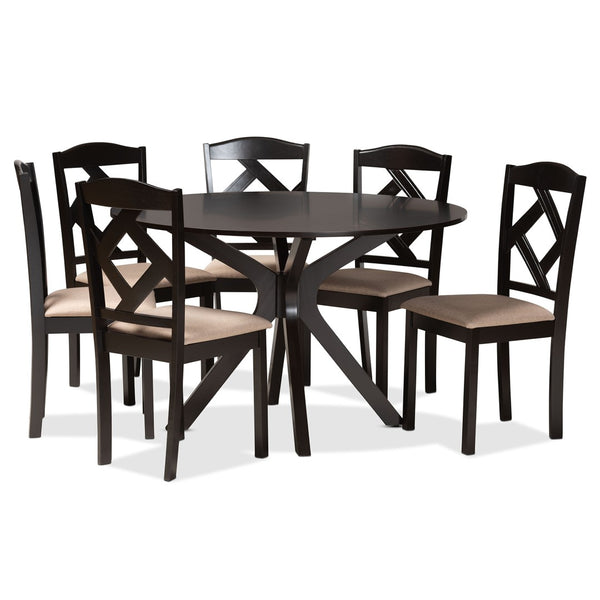 Baxton Studio Baxton Studio Carlin Contemporary Round Dining Set with Upholstered Chairs and Dark Wood Finish 7-PC Carlin-Sand/Dark Brown-7PC Dining Set