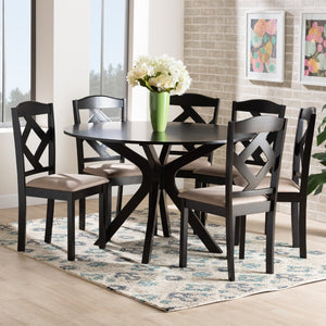 Baxton Studio Baxton Studio Carlin Contemporary Round Dining Set with Upholstered Chairs and Dark Wood Finish 7-PC Carlin-Sand/Dark Brown-7PC Dining Set