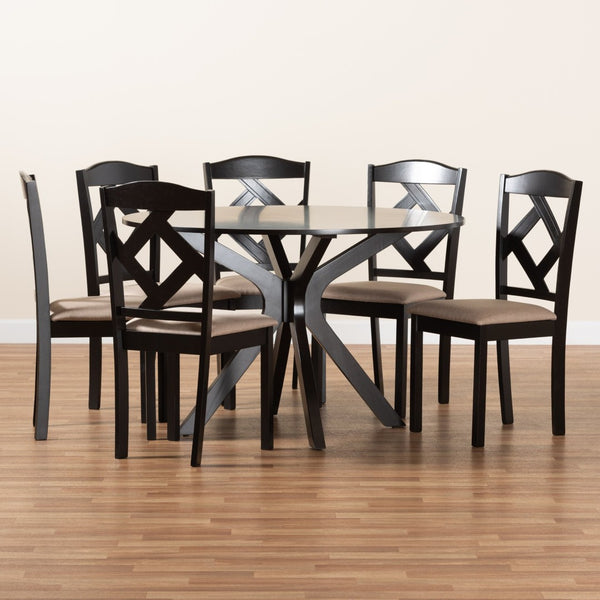 Baxton Studio Baxton Studio Carlin Contemporary Round Dining Set with Upholstered Chairs and Dark Wood Finish 7-PC Carlin-Sand/Dark Brown-7PC Dining Set