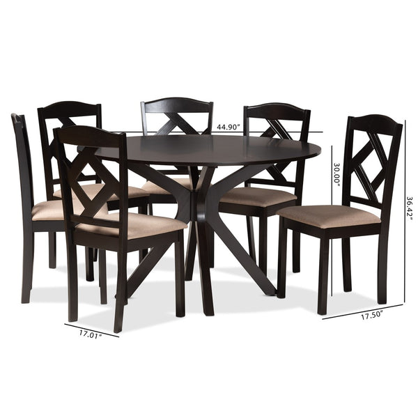 Baxton Studio Baxton Studio Carlin Contemporary Round Dining Set with Upholstered Chairs and Dark Wood Finish 7-PC Carlin-Sand/Dark Brown-7PC Dining Set