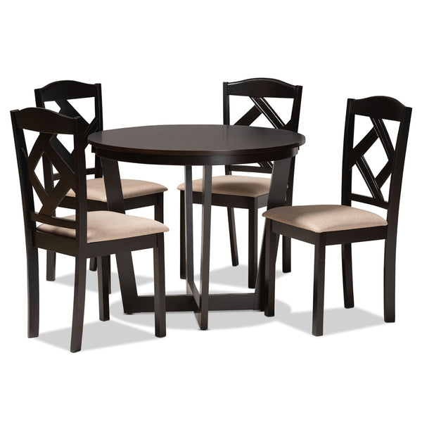 Baxton Studio Baxton Morigan 5-Piece Modern Dining Set with Circular Table & Upholstered Chairs for Stylish Dining Morigan-Sand/Dark Brown-5PC Dining Set