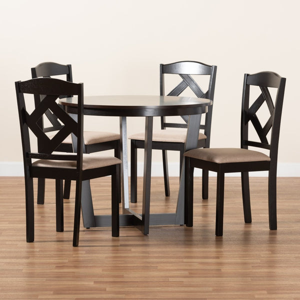 Baxton Studio Baxton Morigan 5-Piece Modern Dining Set with Circular Table & Upholstered Chairs for Stylish Dining Morigan-Sand/Dark Brown-5PC Dining Set