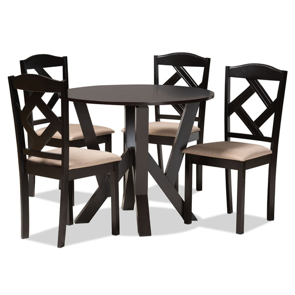 Baxton Studio Baxton Studio Riona 5-Piece Modern Dining Set with Upholstered Chairs and Space-Saving Round Table Riona-Sand/Dark Brown-5PC Dining Set