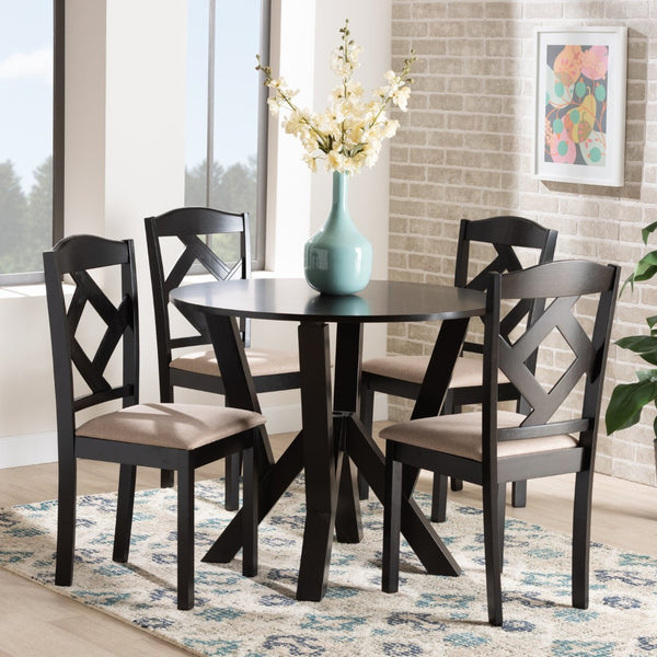 Baxton Studio Baxton Studio Riona 5-Piece Modern Dining Set with Upholstered Chairs and Space-Saving Round Table Riona-Sand/Dark Brown-5PC Dining Set