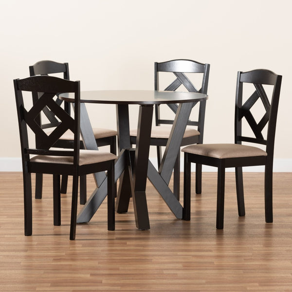 Baxton Studio Baxton Studio Riona 5-Piece Modern Dining Set with Upholstered Chairs and Space-Saving Round Table Riona-Sand/Dark Brown-5PC Dining Set