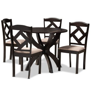 Baxton Studio Baxton Quinlan Modern 5-Piece Dining Set with Round Table & Upholstered Chairs for Compact Spaces Quinlan-Dark Brown/Sand-5PC Dining Set