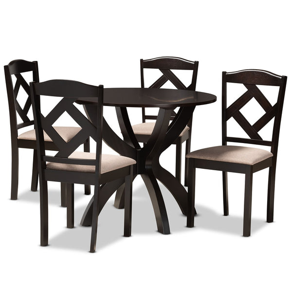 Baxton Studio Baxton Quinlan Modern 5-Piece Dining Set with Round Table & Upholstered Chairs for Compact Spaces Quinlan-Dark Brown/Sand-5PC Dining Set