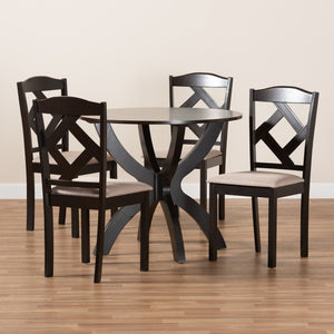 Baxton Studio Baxton Quinlan Modern 5-Piece Dining Set with Round Table & Upholstered Chairs for Compact Spaces Quinlan-Dark Brown/Sand-5PC Dining Set