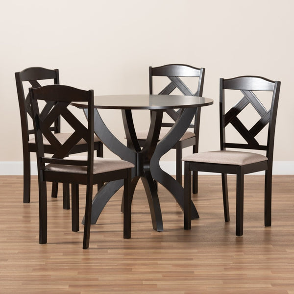 Baxton Studio Baxton Quinlan Modern 5-Piece Dining Set with Round Table & Upholstered Chairs for Compact Spaces Quinlan-Dark Brown/Sand-5PC Dining Set