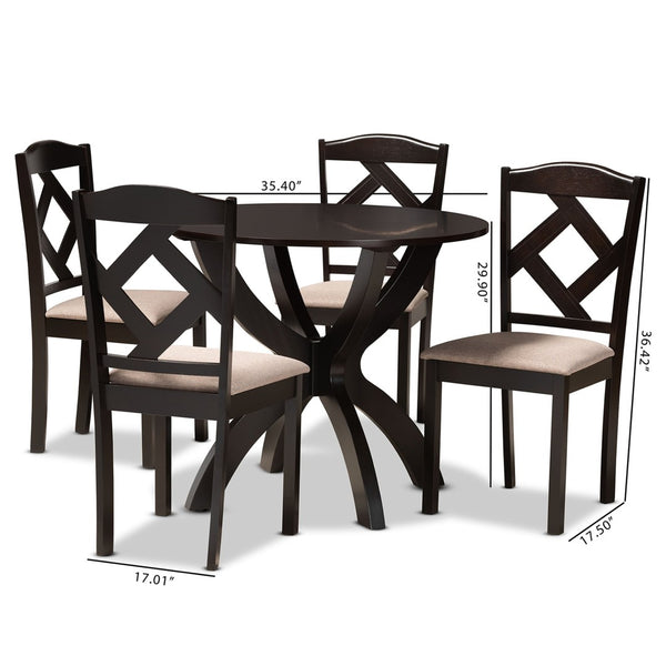 Baxton Studio Baxton Quinlan Modern 5-Piece Dining Set with Round Table & Upholstered Chairs for Compact Spaces Quinlan-Dark Brown/Sand-5PC Dining Set