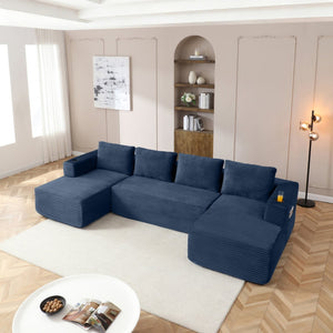 English Elm 132" Modular U-shaped Cloud Sectional Corduroy Deep Seat Sofa with Cupholders W1117S00345
