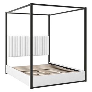 English Elm Queen Velvet Upholstered Canopy Bed White Metal 4 Poster Frame No Box Spring GX001031AAB