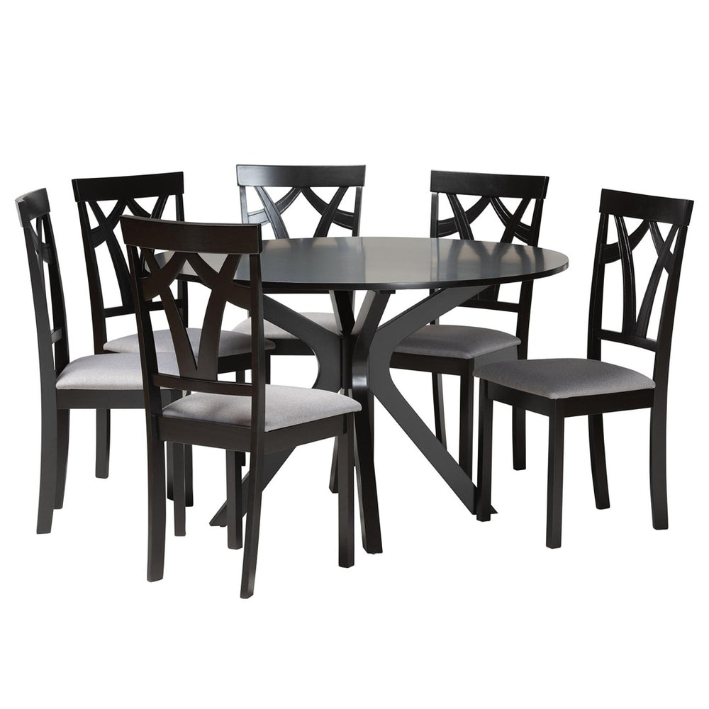 Baxton Studio Baxton Luise 7-Piece Modern Grey Fabric Dining Set with Round Table & Plush Seating for 6 Luise-Grey/Dark Brown-7PC Dining Set